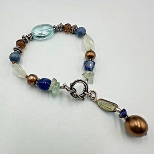 Artisan Beaded Bracelet Blue Brown Glass Beads Sterling Silver Toggle 7"